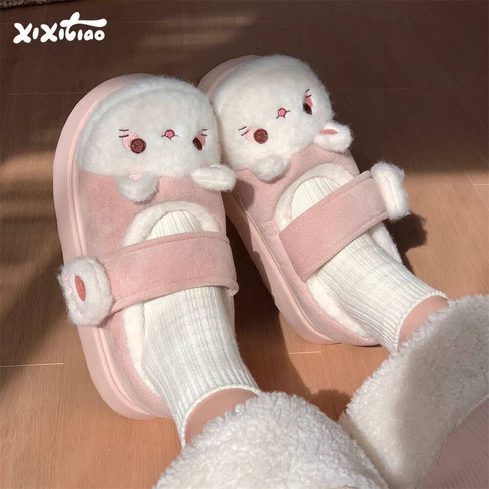 Women'S Shoes For Fall - 冬用ホームスリッパ ソフトで可愛い猫テーマ 室内用スリッパ コットンシューズ マジックテープ 厚底スリッパ