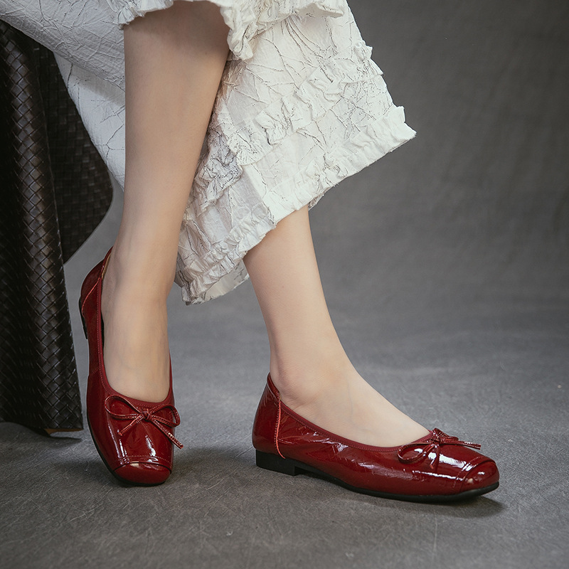 Women Shoes Japanese Brand - 本物の革ラウンドトゥローヒール浅い春夏秋の靴バタフライノットデートブランドダンスイン女性パンプス