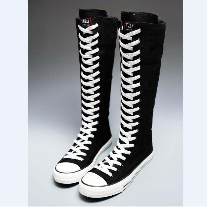Knee High Boots Women - 2025 新しいハイカットキャンバスシューズ女性用韓国版ロングブーツレースアップジッパー快適なブーツ Zapatos De Mujer Tendencia