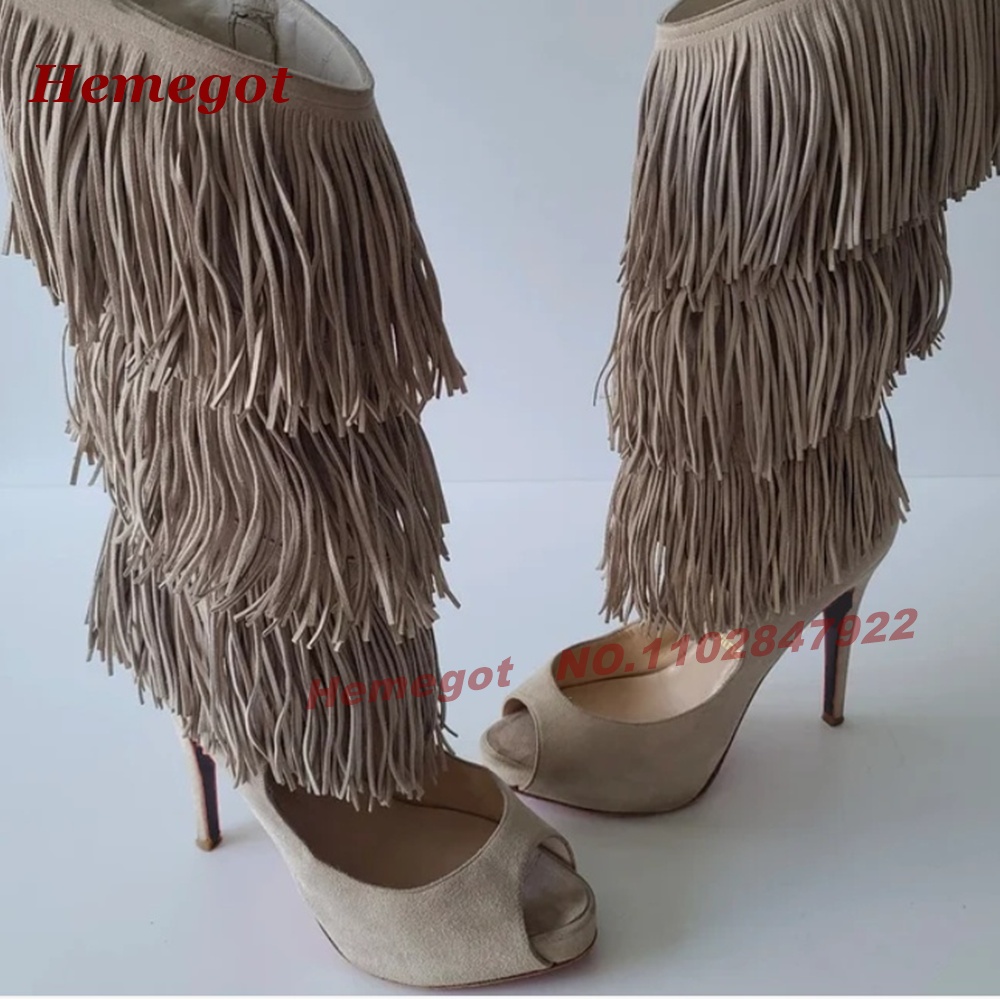 Knee High Boots Women - ティアードフリンジ ピープトゥ ハイヒール サンダルブーツ スエード プラットフォーム
