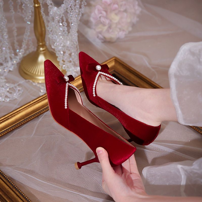 Women Shoes Quick Delivery - レッドハイヒールパールレディースパンプスポインテッドトゥ弓女性の靴ヤングファッション 39 エレガントな短納期結婚式の花嫁の靴