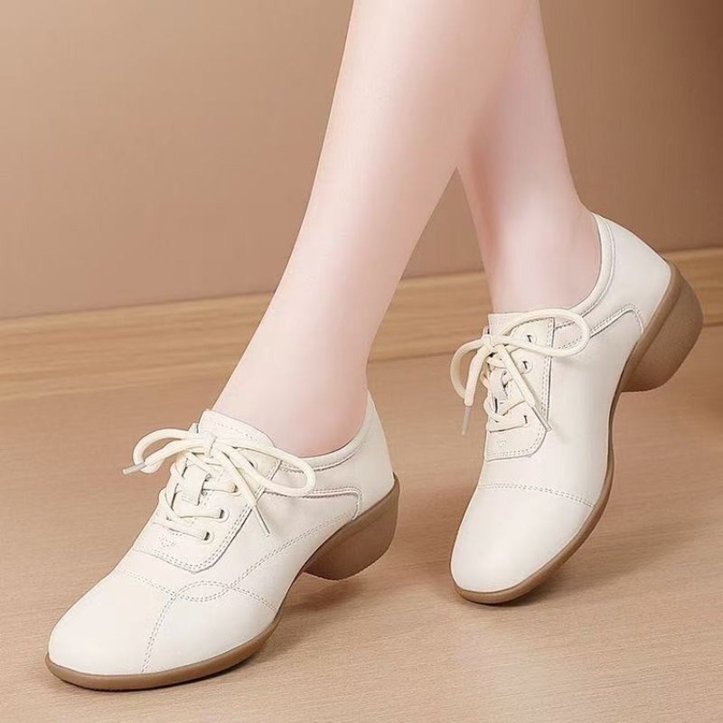 Women Shoes Sneakers - レディース ローヒール ダンススニーカー レースアップ ソフトフェイクレザー ラウンドトゥ