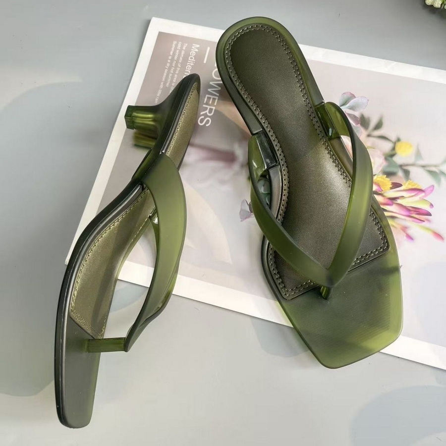 Square Toe Mule - 韓国製ミュートトーンオリーブグリーンPVC素材のトングサンダル、女性用クリアスリムキトゥンヒールスクエアトゥバックレスシューズ、グリーンカジュアルフリップフロップ