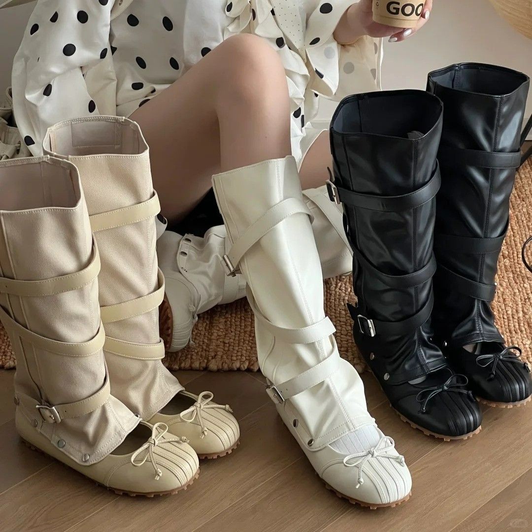 Ballet Flat Women - 新しい取り外し可能なツーウェイバレエブーツ女性用フレンチスタイルボウフラットシューズレトロな太いふくらはぎ用ブーツで脚を細く見せます、夏用クールブーツ