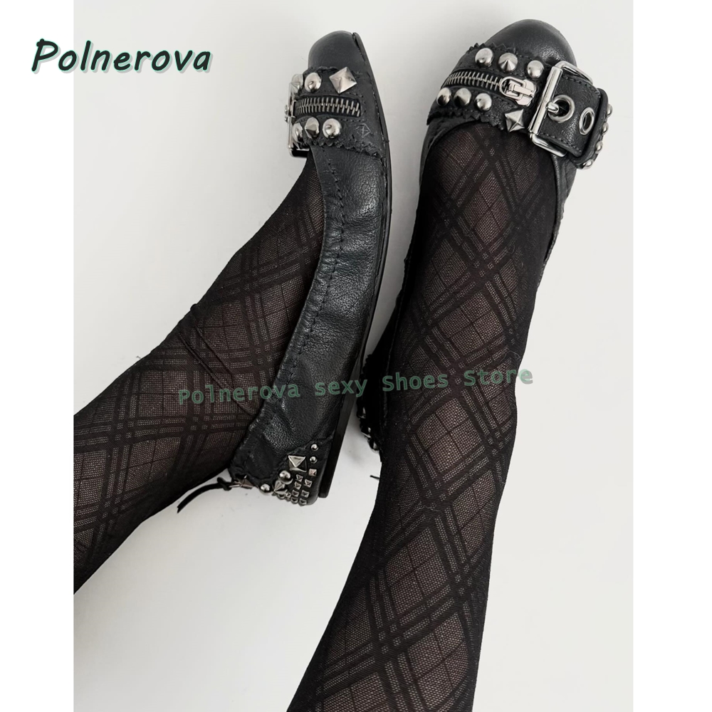 Women Shoes Zipper - リベットベルトバックル付きメリージェーンシューズ、ポインテッドトゥ、浅いジッパー装飾、レディースファッションパンプス、2026年春夏シューズ