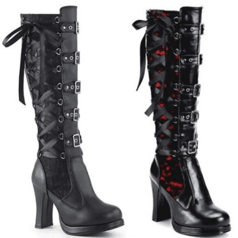 Knee High Boots Women - パンクゴシックスタイルの女性のニーハイブーツレディースオートバイブーツコンフォートロングチューブナイトブーツプラットフォームハイヒール女性の靴
