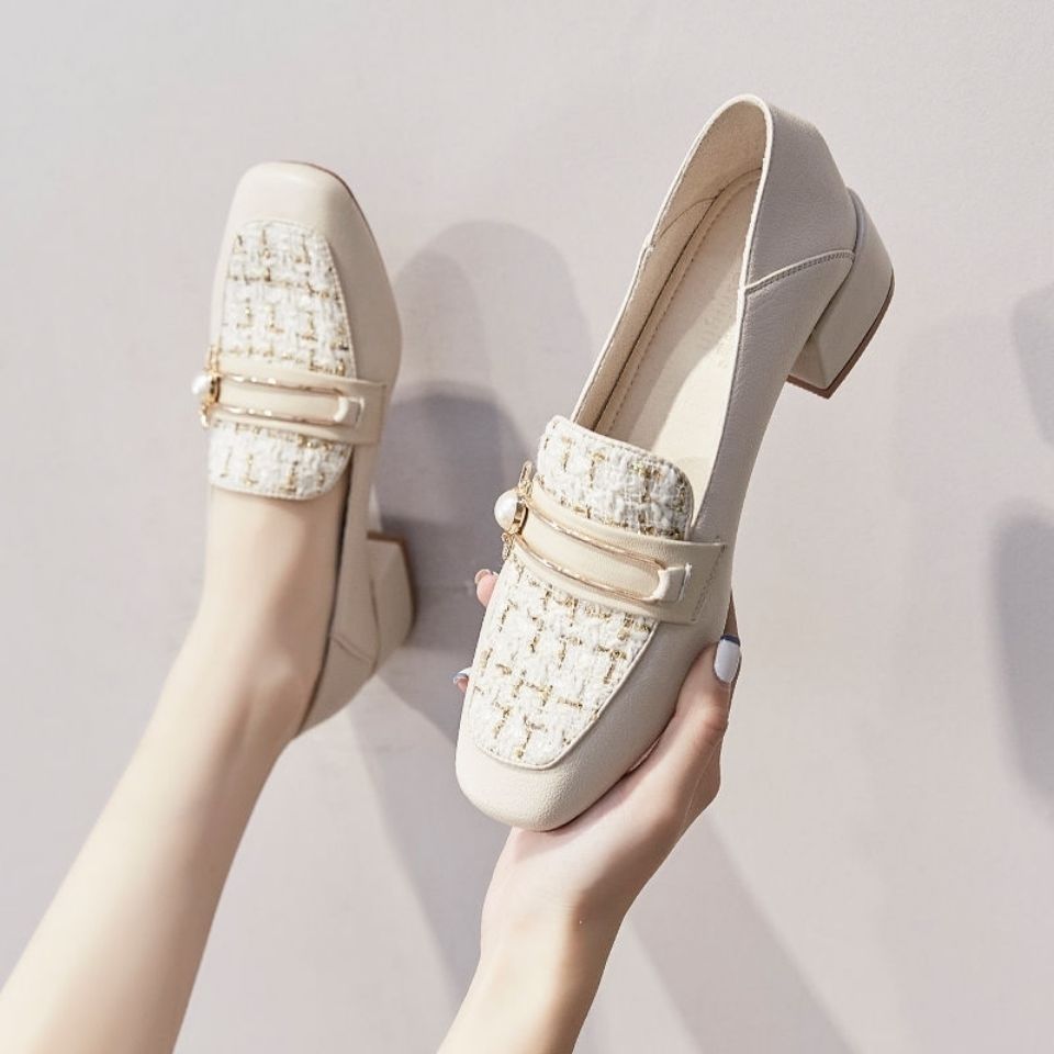 Women Shoes Quick Delivery - 春と秋のローファーシューズ女性のためのスクエアトゥミディアムヒール女性パンプスシックな休暇短納期 39 エレガントな靴
