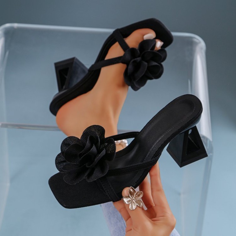 Square Toe Mule - レディース 3D フラワーデコレーションサンダル三角カットアウトハイヒールサンダル十字ストラップオープントゥセクシーなパーティードレスサマーヒールシューズ