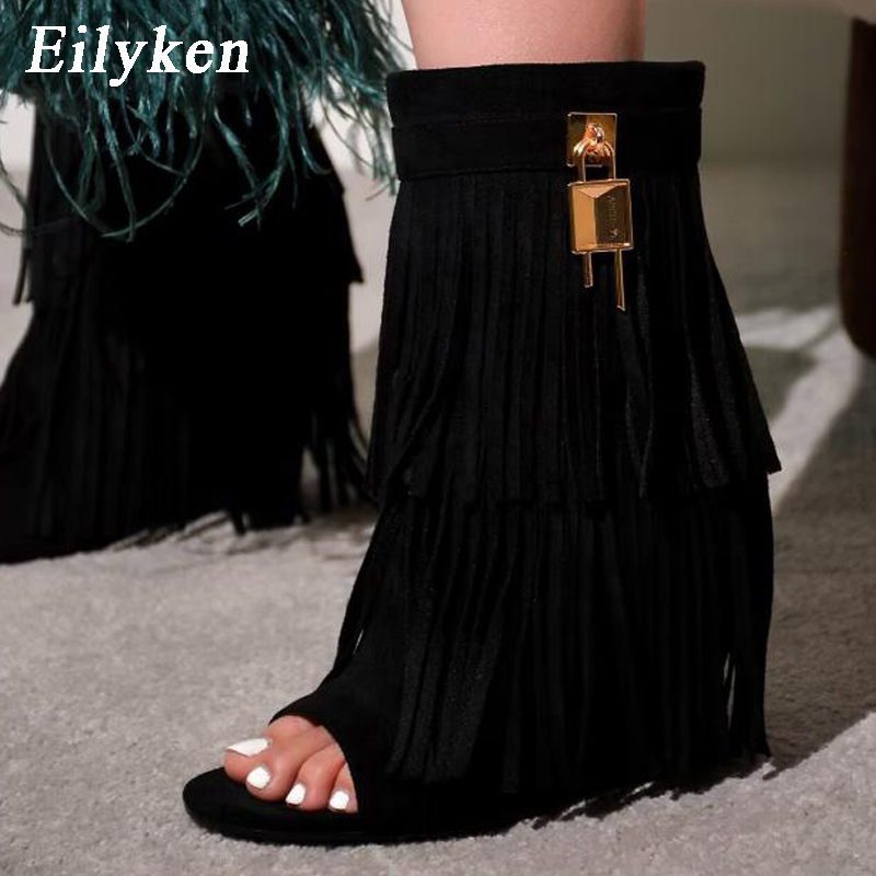 Women Shoes Zipper - Eilyken デザイナーフリンジウェッジブーツサンダル女性ハイヒールオープントゥパーティープロムシューズ 2026 セクシーなジッパー女性パンプス
