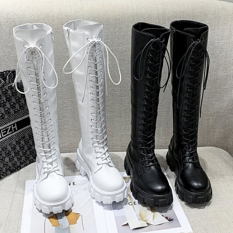 Knee High Boots Women - 女性用ニーハイブーツ、レースアップコンバットブーツ、プラットフォームラグソール、ラウンドトゥ、サイドジッパー、トール丈、冬用ストリートウェアフットウェア、黒と白