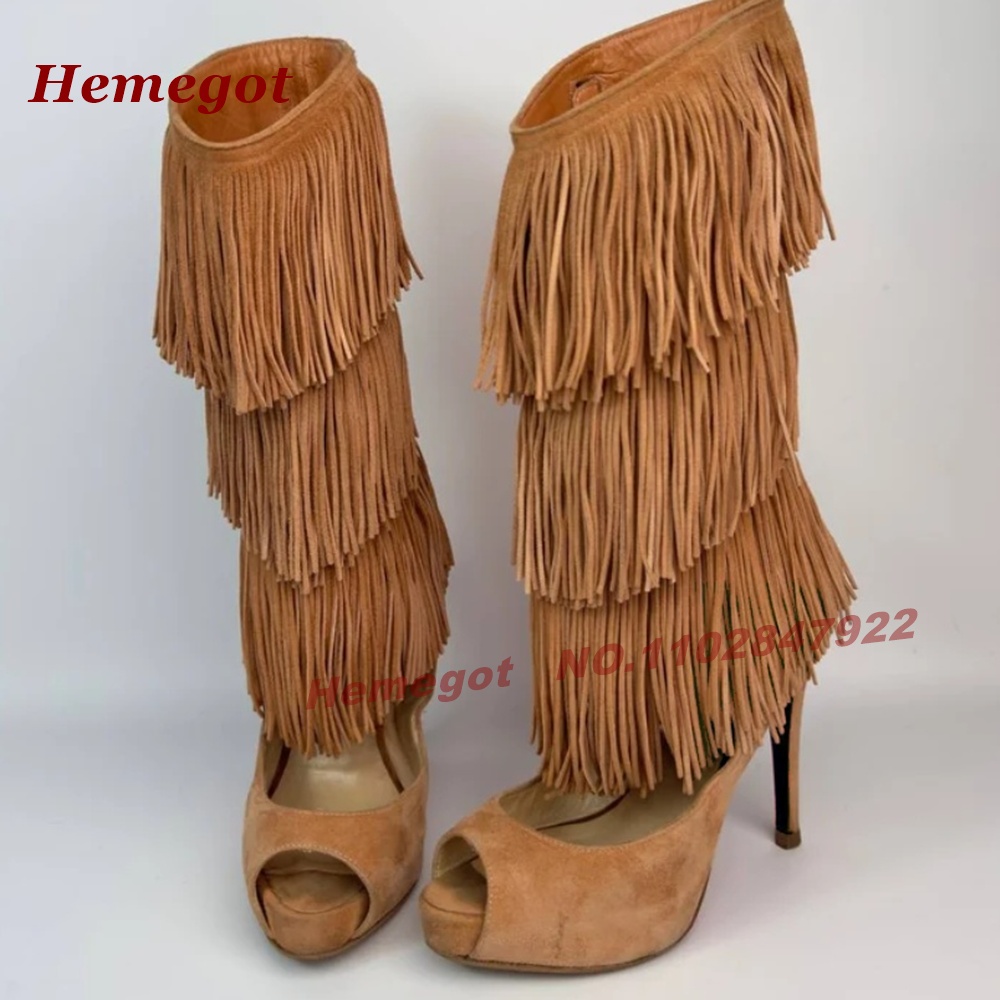 ティアードフリンジ ピープトゥ ハイヒール サンダルブーツ  - Knee High Boots Women のレビューと価格