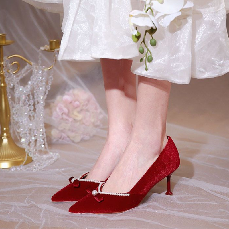 レッドハイヒールパールレディースパンプスポインテッドトゥ弓女 - Women Shoes Quick Delivery のレビューと価格