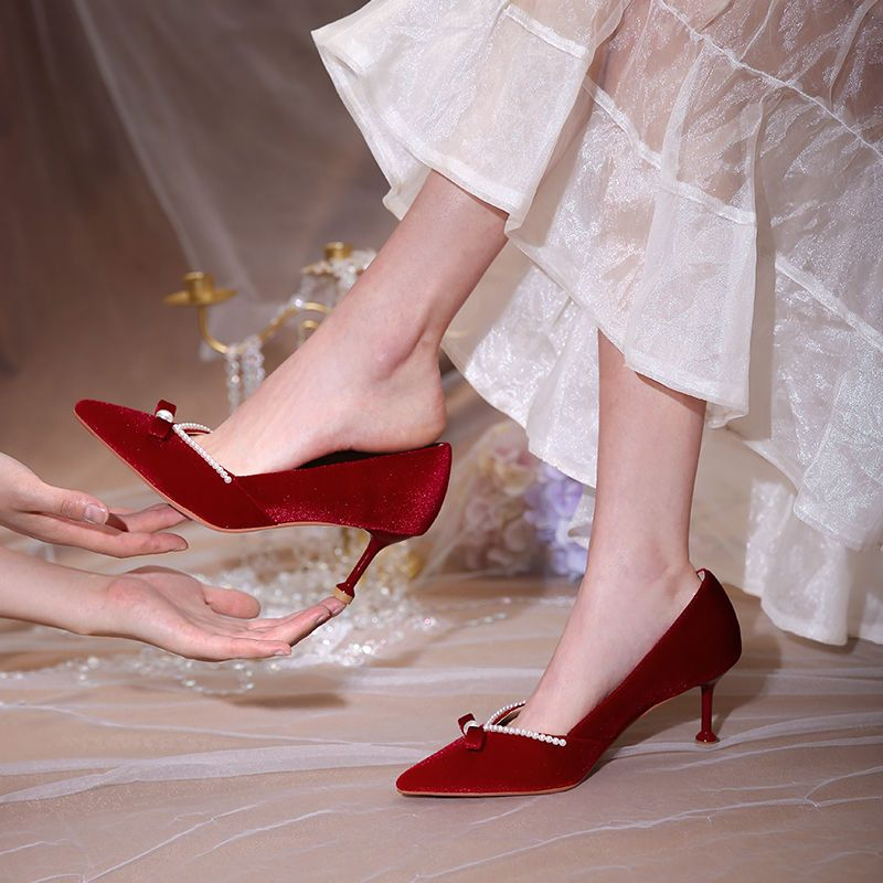 レッドハイヒールパールレディースパンプスポインテッドトゥ弓女 - Women Shoes Quick Delivery のレビューと価格