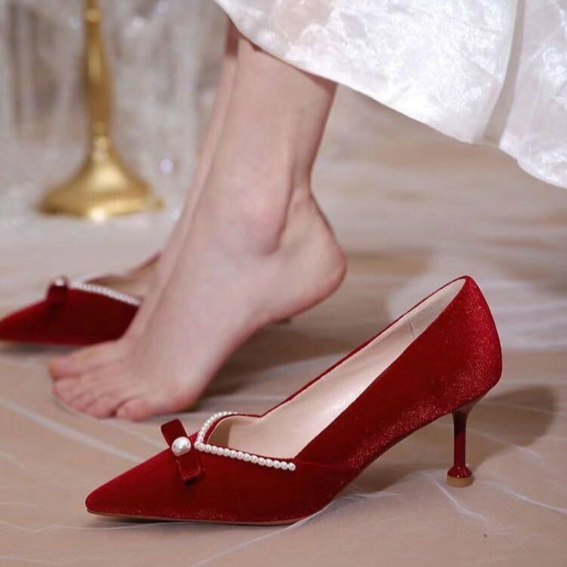 レッドハイヒールパールレディースパンプスポインテッドトゥ弓女 - Women Shoes Quick Delivery のレビューと価格