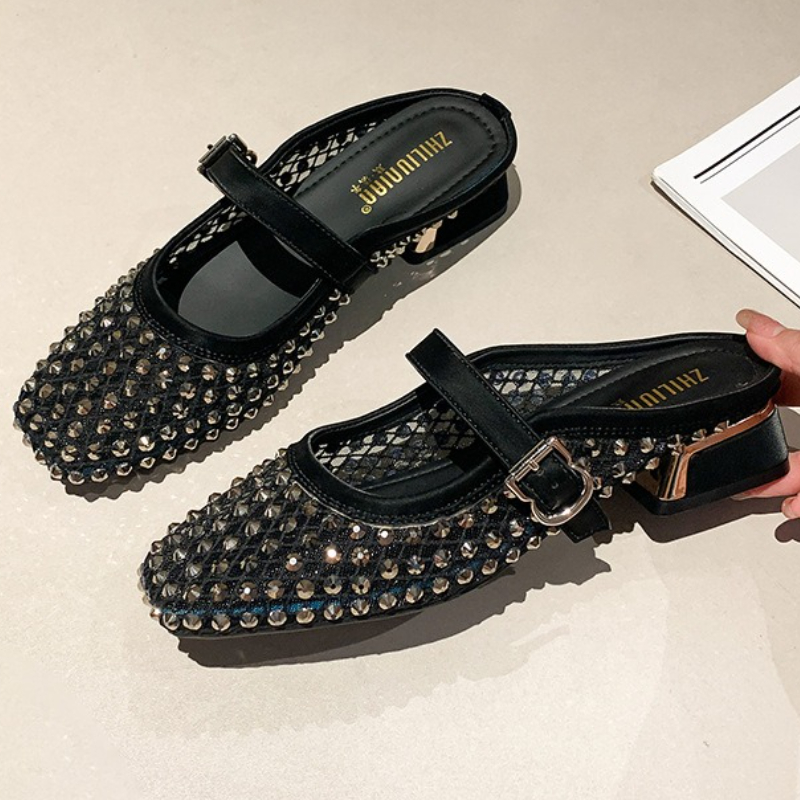 メッシュラインストーンチャンキーヒールミュールスリッパ女性通 - Square Toe Mule のレビューと価格