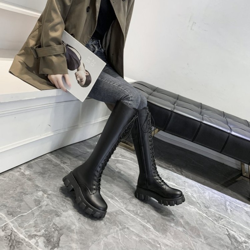 女性用ニーハイブーツ、レースアップコンバットブーツ、プラット - Knee High Boots Women のレビューと価格