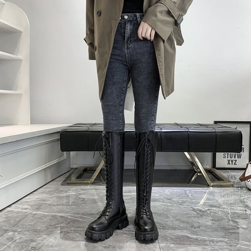 女性用ニーハイブーツ、レースアップコンバットブーツ、プラット - Knee High Boots Women のレビューと価格